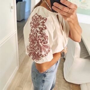 Universal Thread Cream Blouse with Brown Embroidery